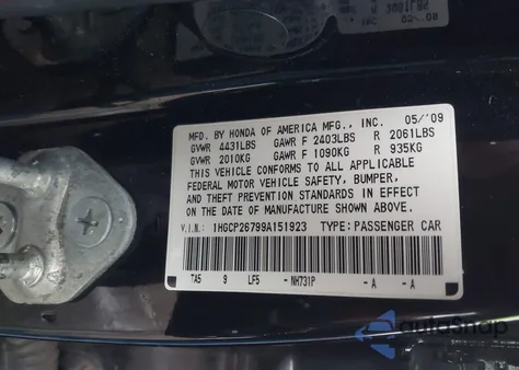 2009 Honda Accord 2.4 Ex из США, поврежденный, VIN 1HGCP26799A151923